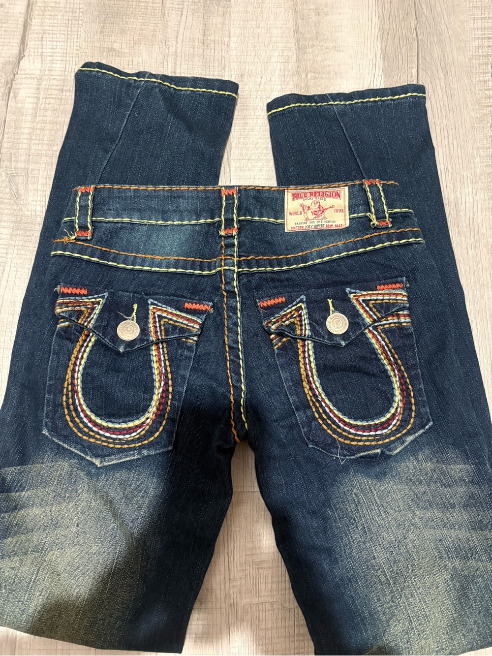 True Religion Dark Blue Bootcut Jeans with Multicolor Pocket Stitching